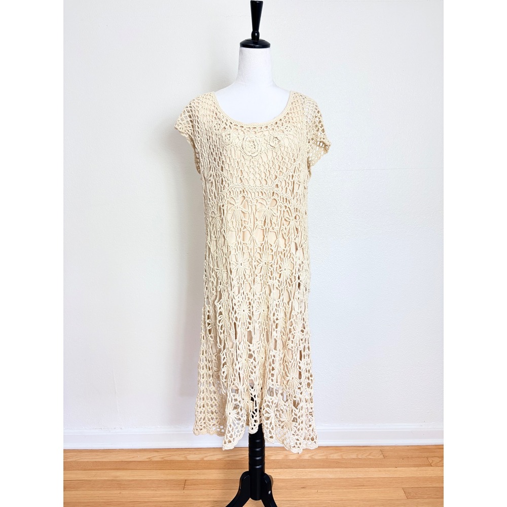 The Pyramid Collection Cream Crochet Floral Midi Dress Size 2X Boho Cottagecore
